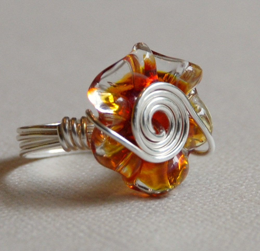 Flower Ring orange and yellow glass