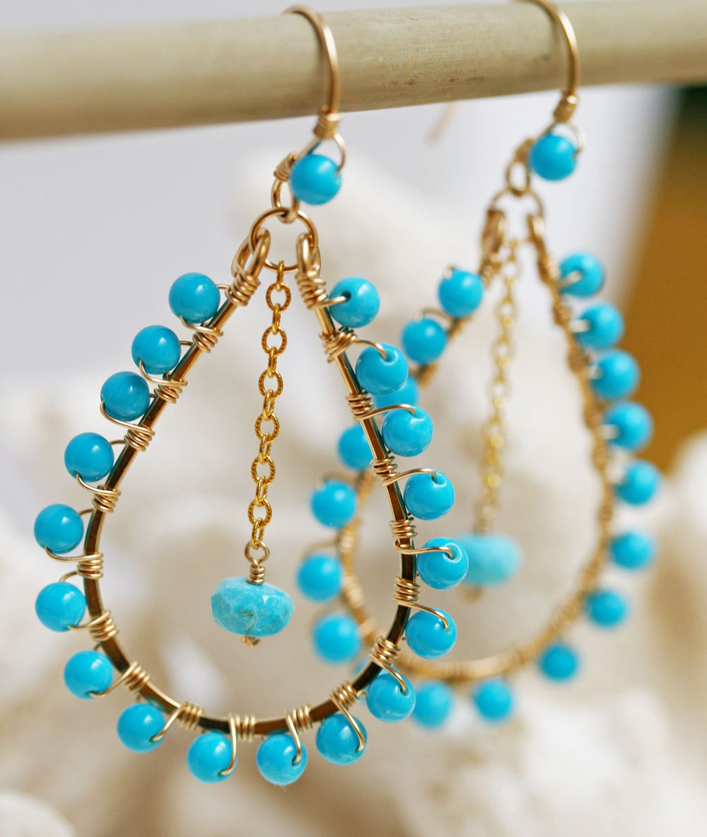 Sleeping Beauty Turquoise  Earrings - Gold Hoop Earrings- Turquoise Jewelry