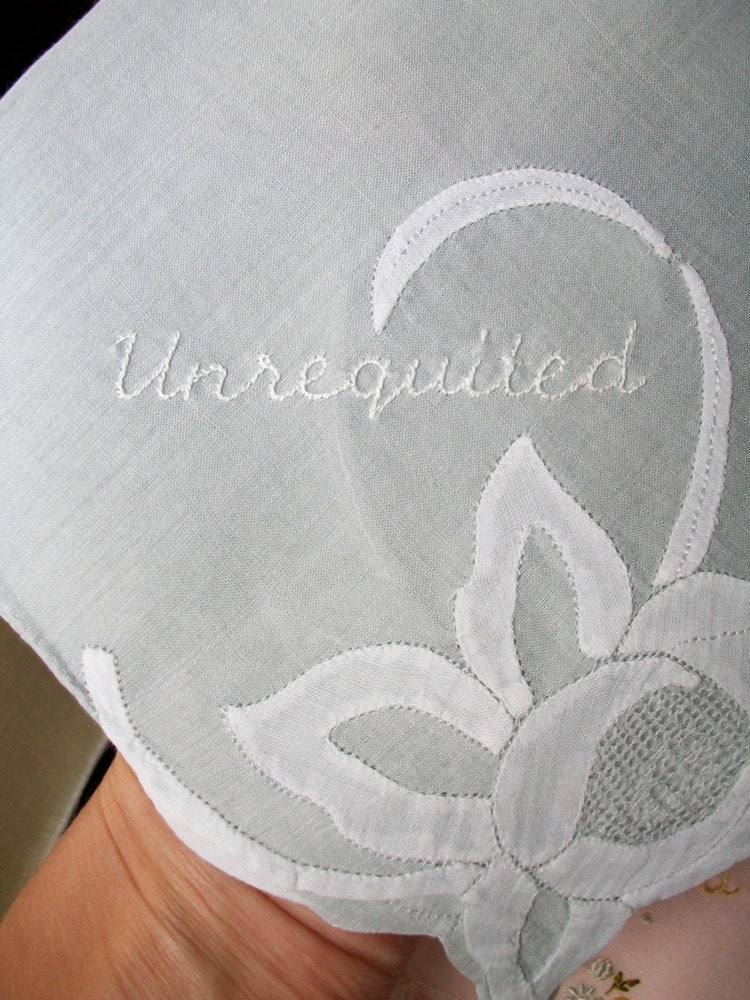 hand embroidered vintage hanky - unrequited - free shipping