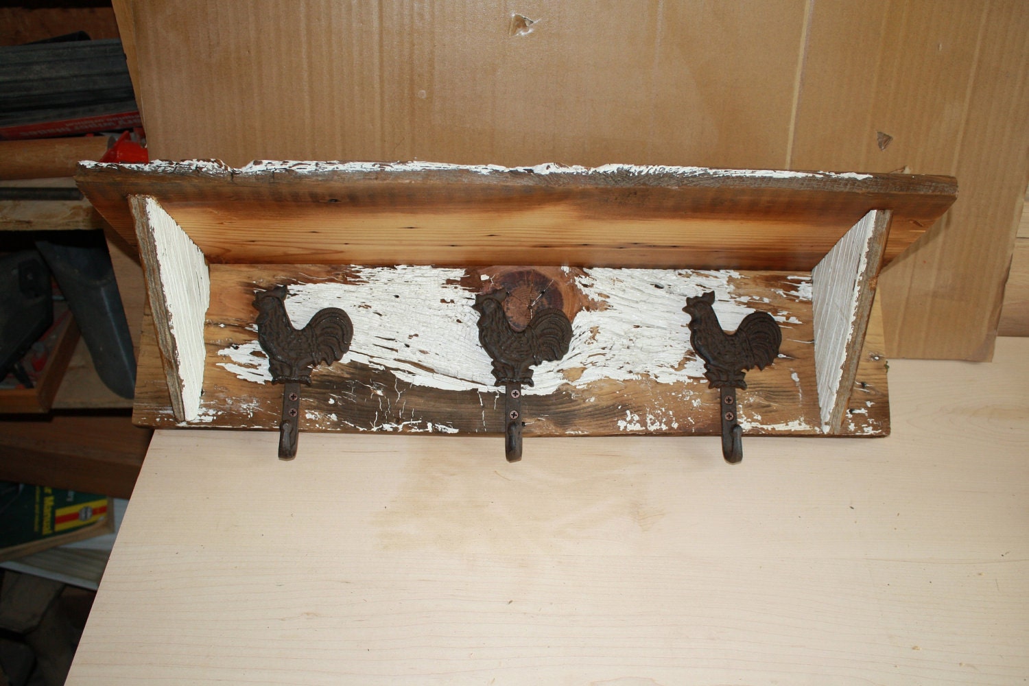 Barn Wood Wall Shelf with Rooster Hooks