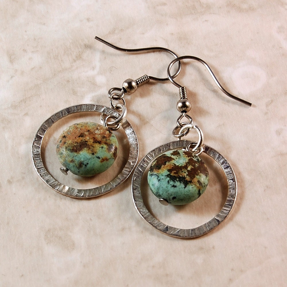 Earrings, Hammered Links, Jasper Bead