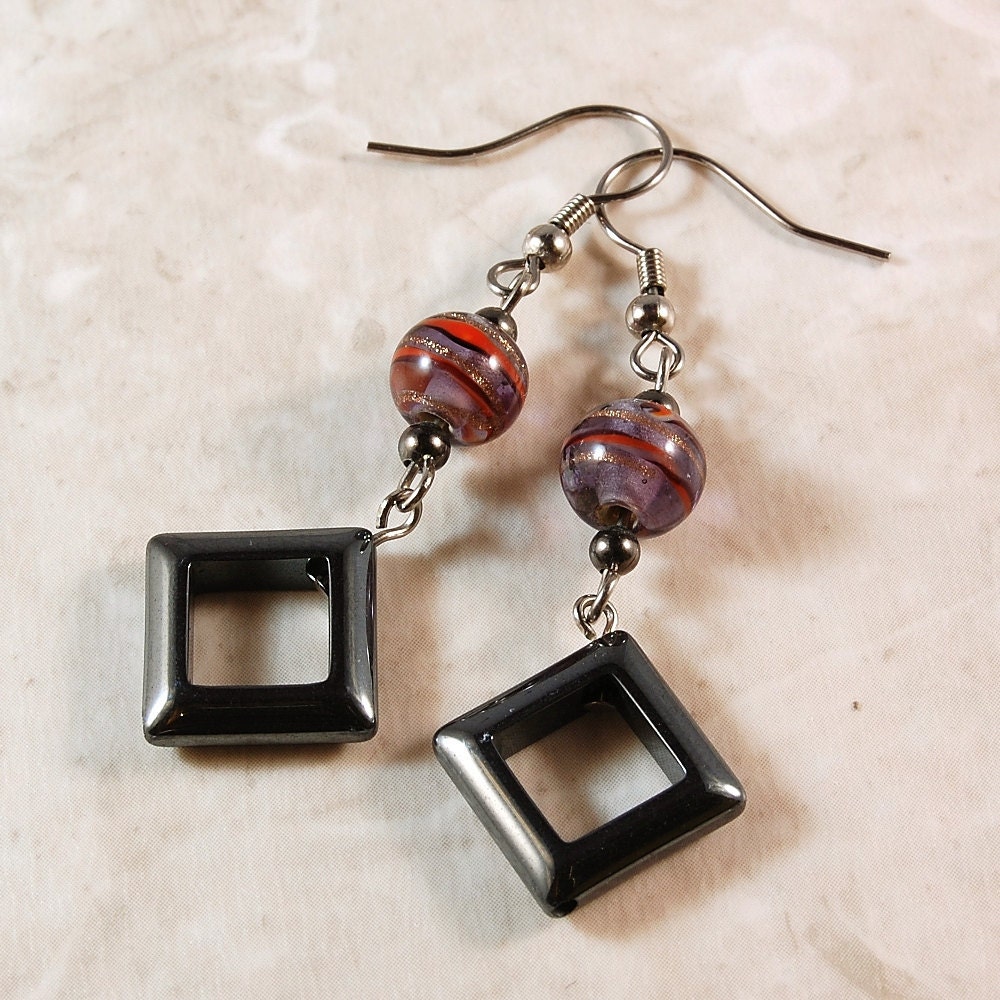Earrings, Hematite, Purple & Red Glass Beads