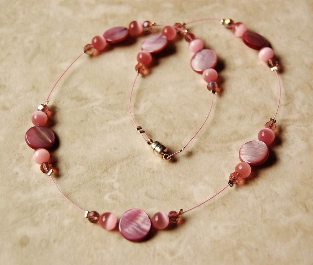 Pink Shell Necklace, Pink Tiger Eye Beads, Aurora Borealis