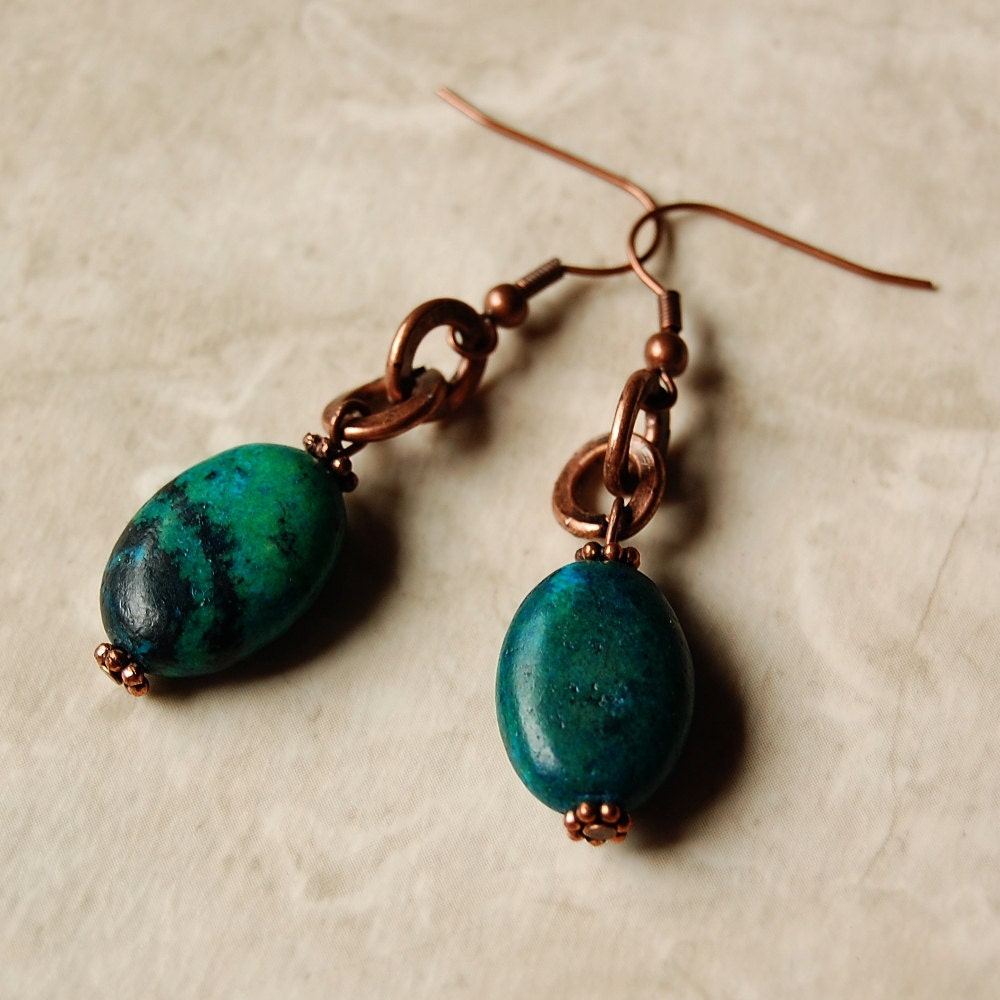 Yellow Turquoise Bead, Copper Link Earrings
