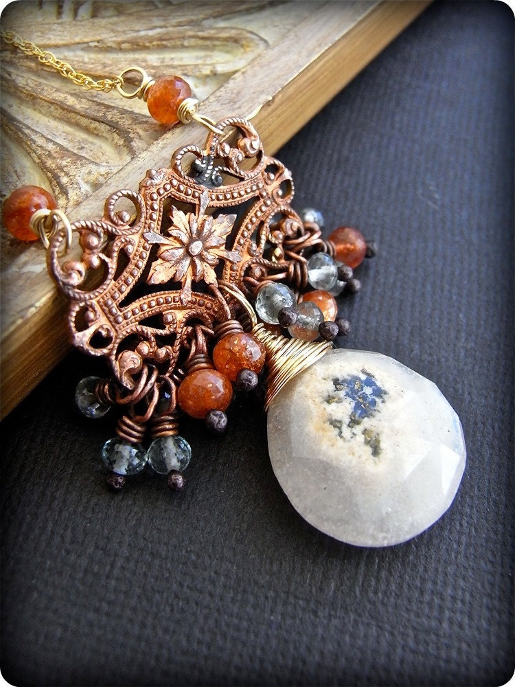 Necklace - vintage brass, aquamarine, sunstone, solar quartz, goldfill, copper - Snakeshead