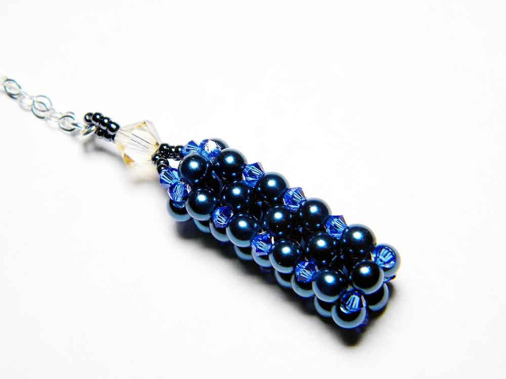 Doctor Who Inspired TARDIS Necklace Navy Glass Pearls Swarovski Sapphire Crystal Golden Shadow Sterling Silver - "The Blue Box"