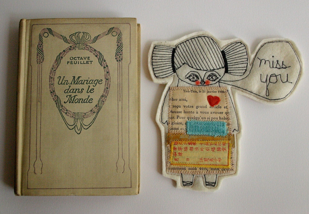 Book marker doll  -  textile collage  -  custom order