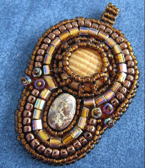 WOOD and STONE Bead Embroidered Pendant