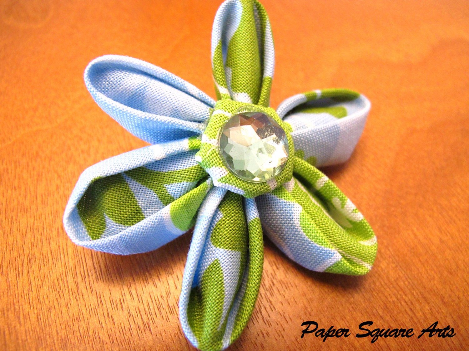 Fabric Hair Pin Flower in Ocean Blue and Leaf Green (Kanzashi Flower) - Fabric Origami