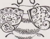 Flight of the Bumblebee ink drawing original, with fancy heart wings-Doodlers Doing Doodles challenge