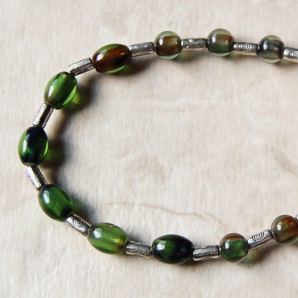 15% Sale - Bracelet, Green Brown Glass Beads, Metal Tube Beads