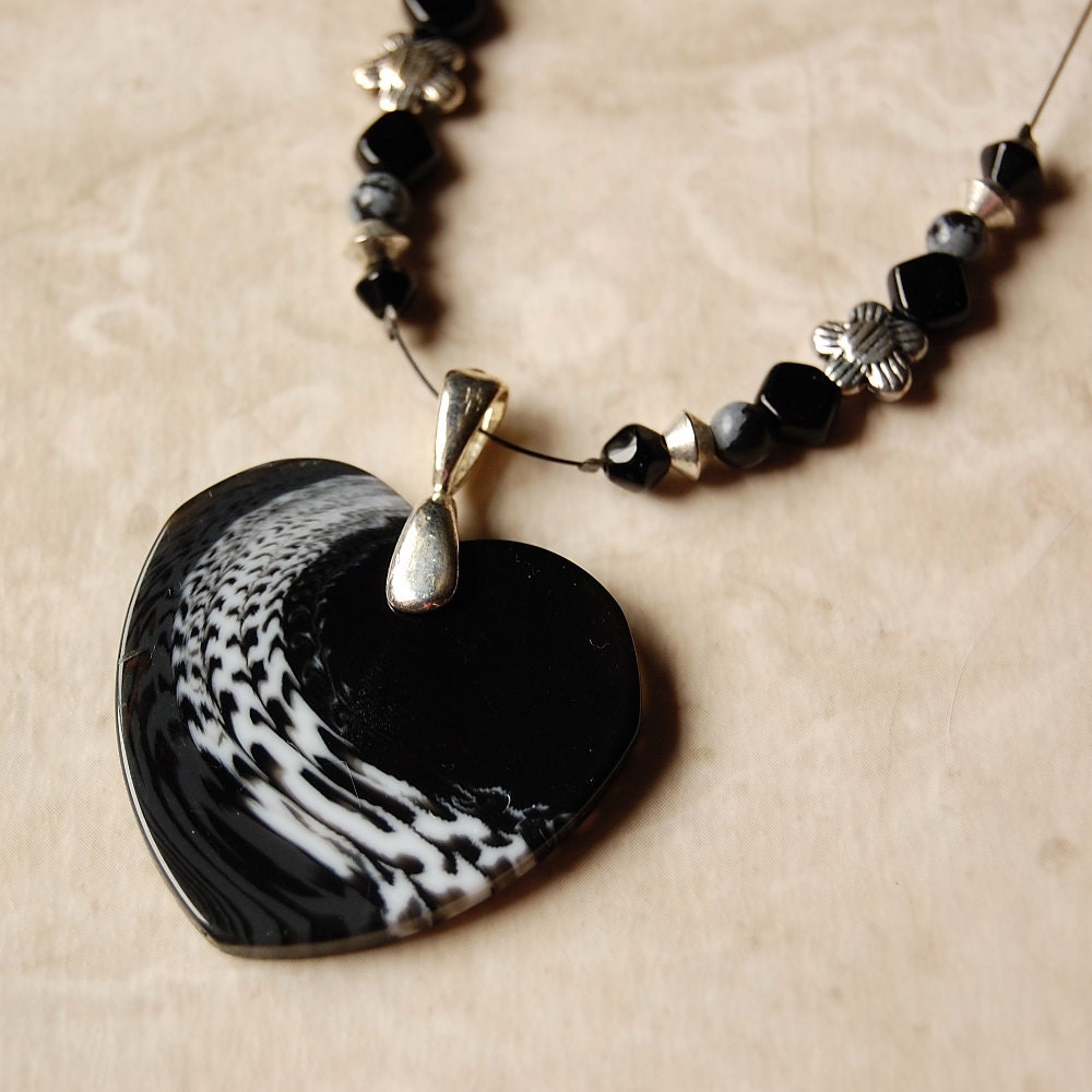 Necklace, Heart Pendant ,Black Swirl Acrylic, Metal Flower Beads