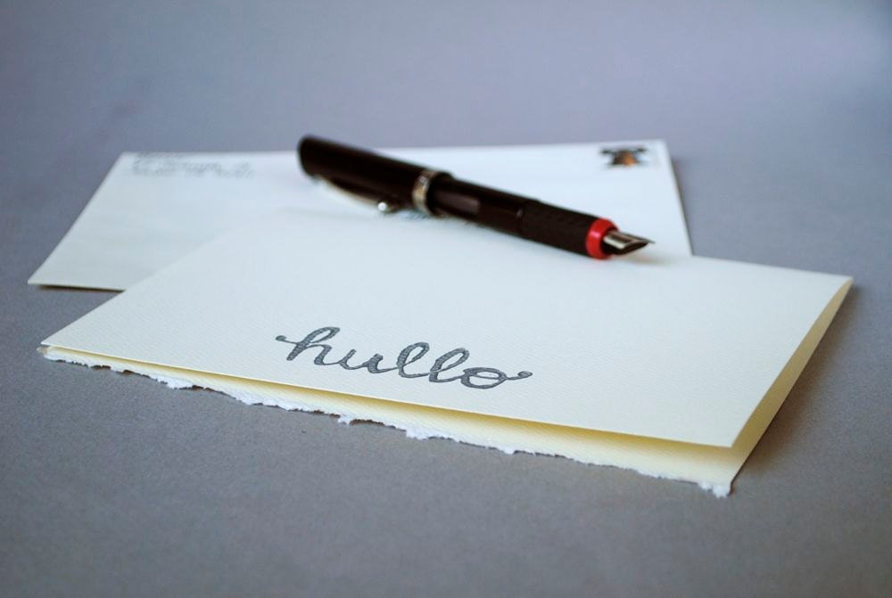 Silver Print Greeting Card - Hullo Block Print  Blank Notecard - 5 x 7 inches with Cursive Type