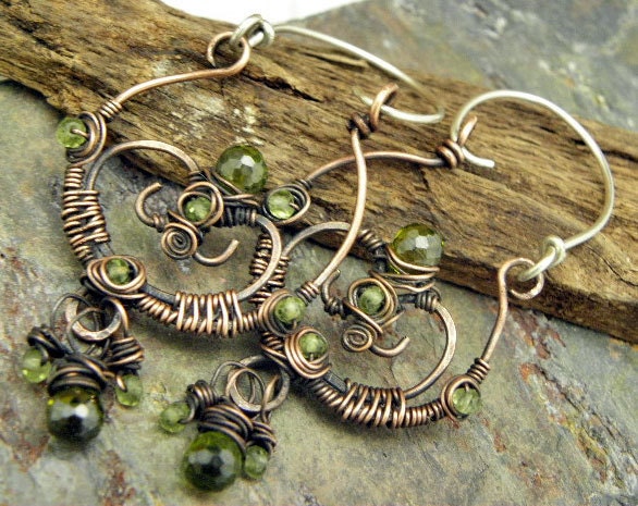 Peridot Gate, Sterling Silver, Copper, Peridot, and Olive CZ Brios, earrings, ThePurpleLilyDesigns