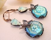 Aqua Glass Earrings - Czech Button Glass