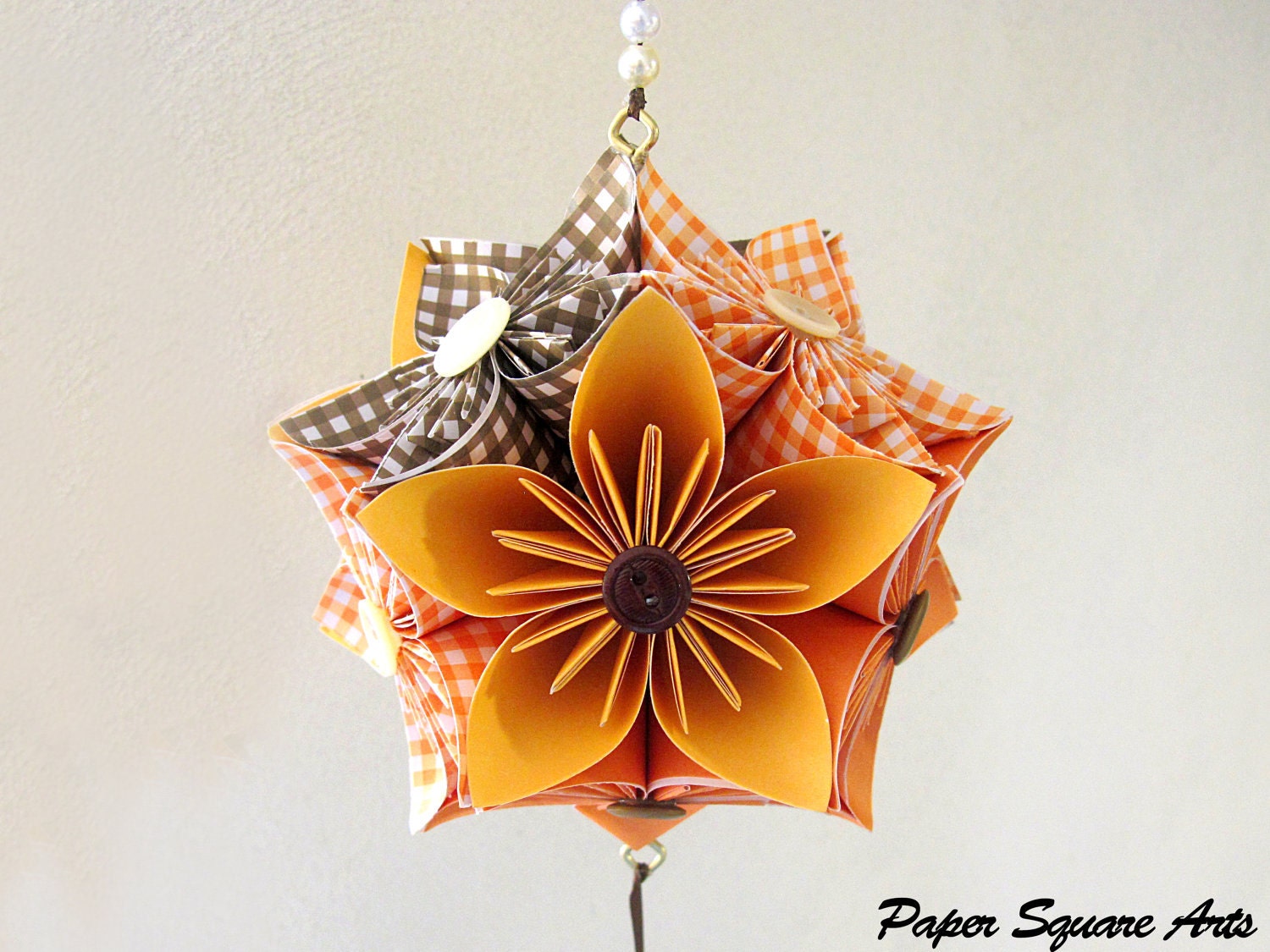 Sun Flower Paper Kusudama Hanging Pomander Ball - In Sunflower Yellow, Orange and Earthy Browns - Hanging Mobile Decoration