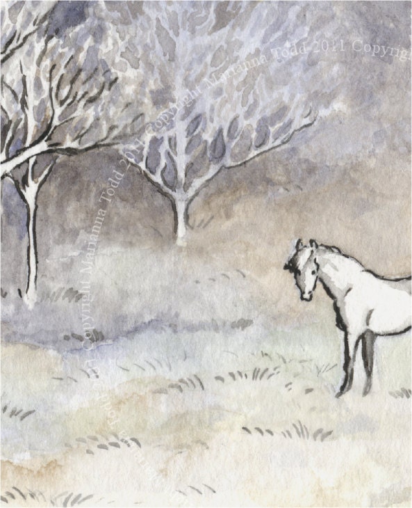 Forest Pony, Open Edition Print, Matted in Faded Blue