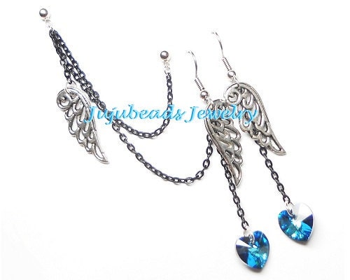 Triple Piercing Swarovski Crystal Hearts n Angel Wings Earrings