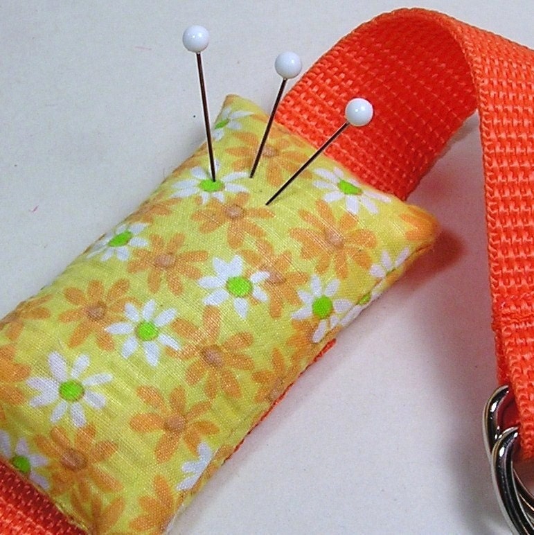 Wrist Emery Pincushion / Pin Cushion - Orange White Daisies on Yellow