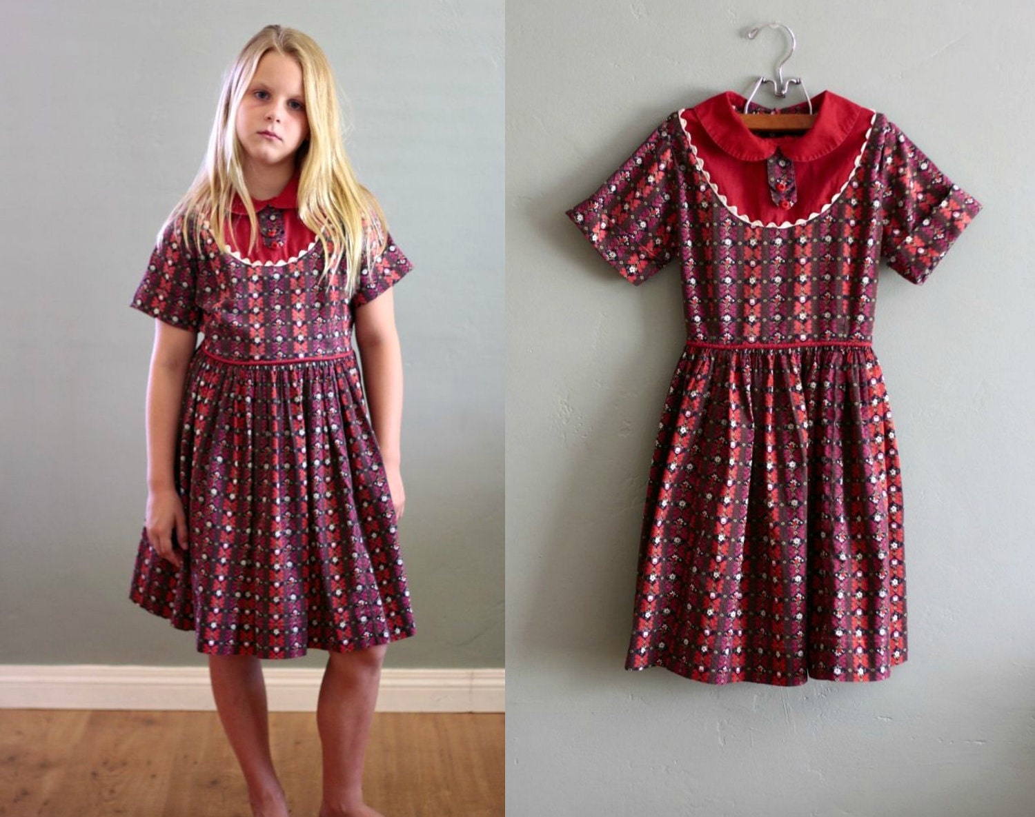 50s 8/9 Calico and Ric Rack Party DRESS