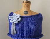 Cobalt knit capelet with Accents of pale grey