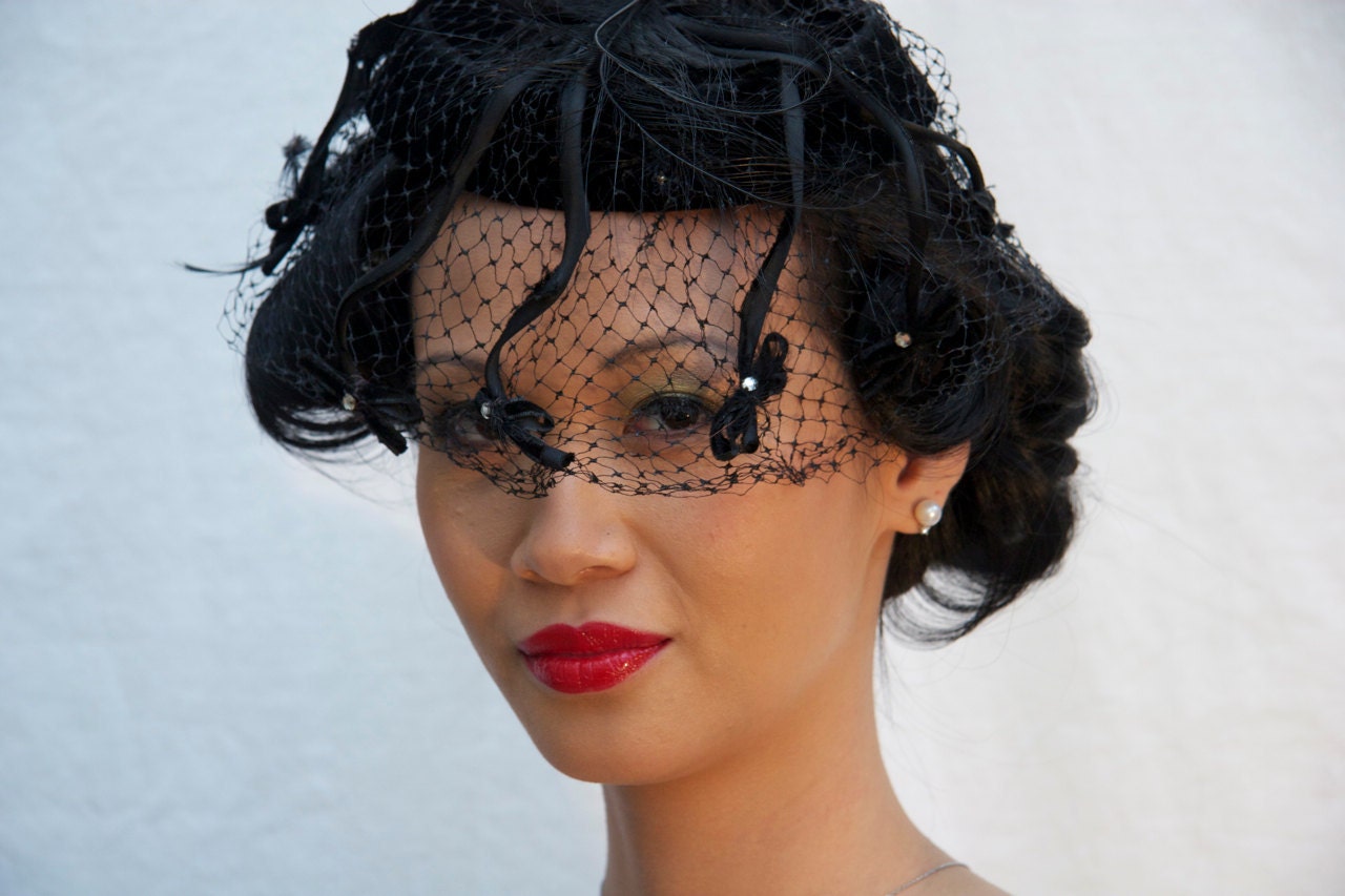 Gothic Vintage Fascinator Hat Birdcage Veil Black Halloween