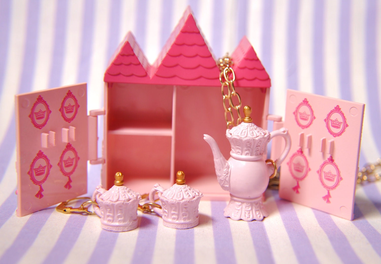 Pretty Pink Princess Tea Pot and Matching Earrings Jewelry Set Comes with Castle