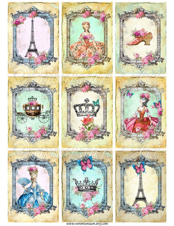 VINTAGE gift tags. Eiffel Tower - Paris - Marie Antoinette - Digital Collage Sheet Printable. invitations, scrapbooking, bookmarks 918