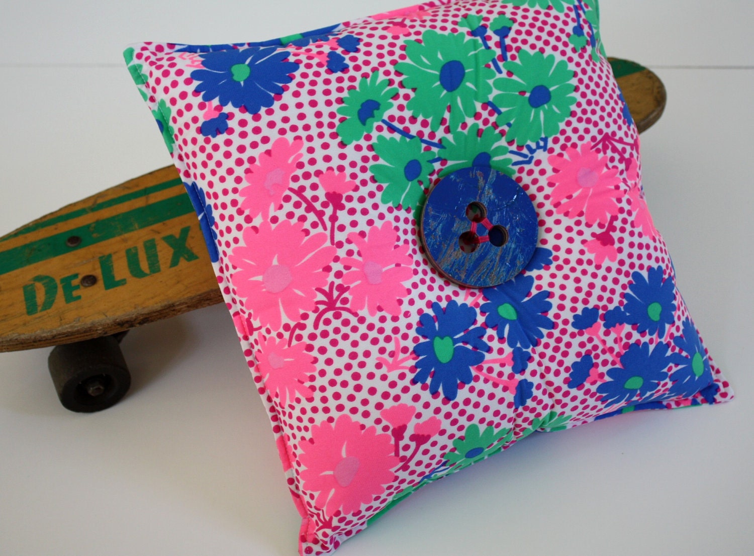 Recycled Skateboard Novelty Button Throw Pillow-Vintage Pink Polka Dots
