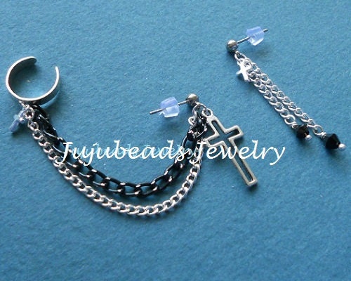 Mixed Cross Charms Ear Cuff Set with Swarovski Crystals
