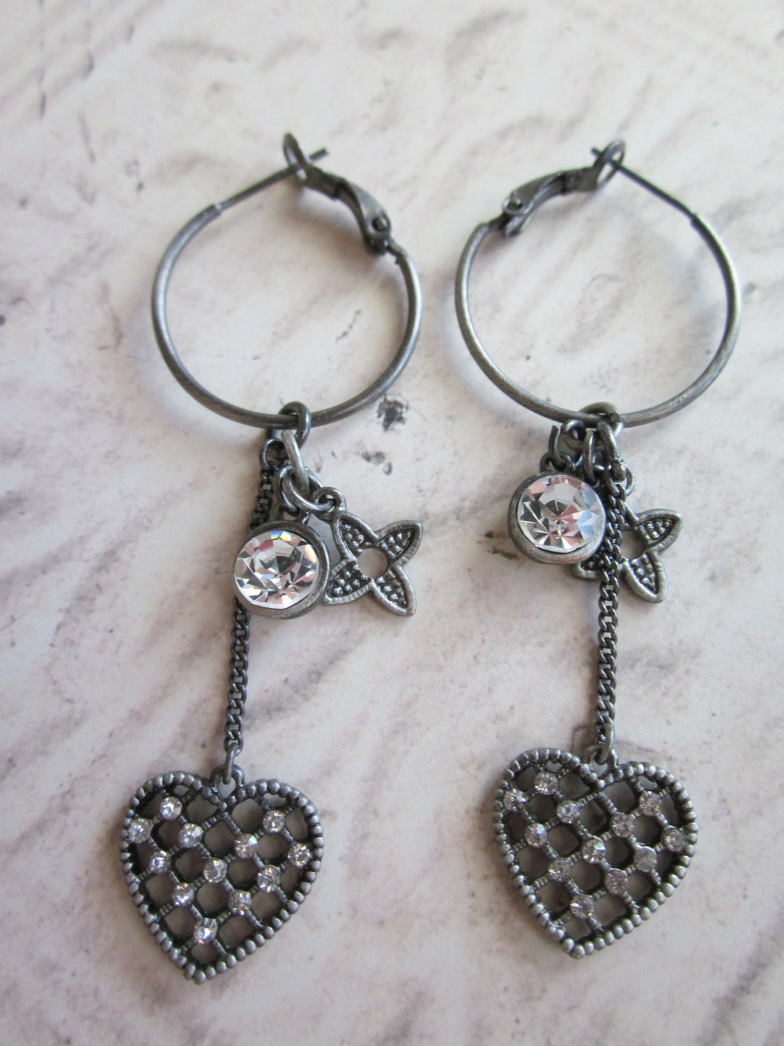 Gunmetal Hoop Earrings with Crystal Dangles, Hearts, Sale