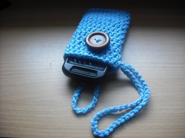 Cell Phone Case Crochet Cotton with Wrist Strap in Mod Blue