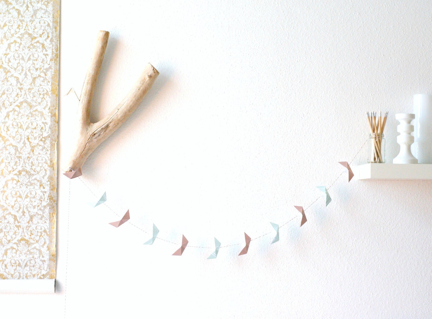 FREE SHIPPING - Love & Luck paper boat garland Brown polka dots -  minty green - celebration - wedding - mobile - origami