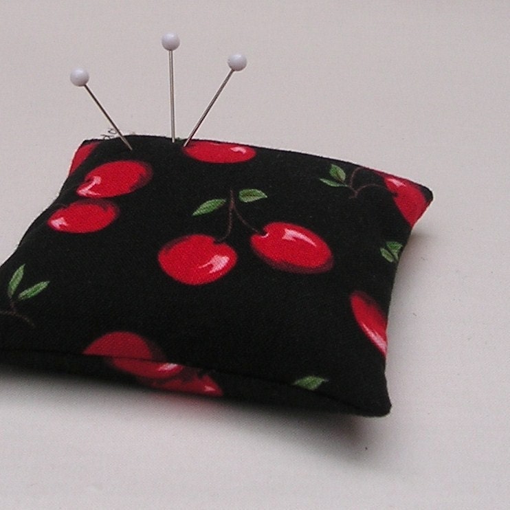 Large Emery Pincushion / Pin Cushion - Red Cheries on Black