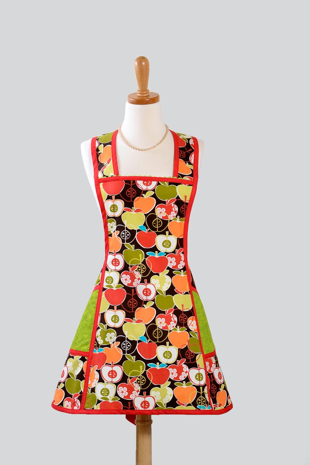 Vintage Inspired Apron : Sassy Short Retro Style Apron in Fall Bite Me Apple Orchard of Red and Green on Chocolate Brown