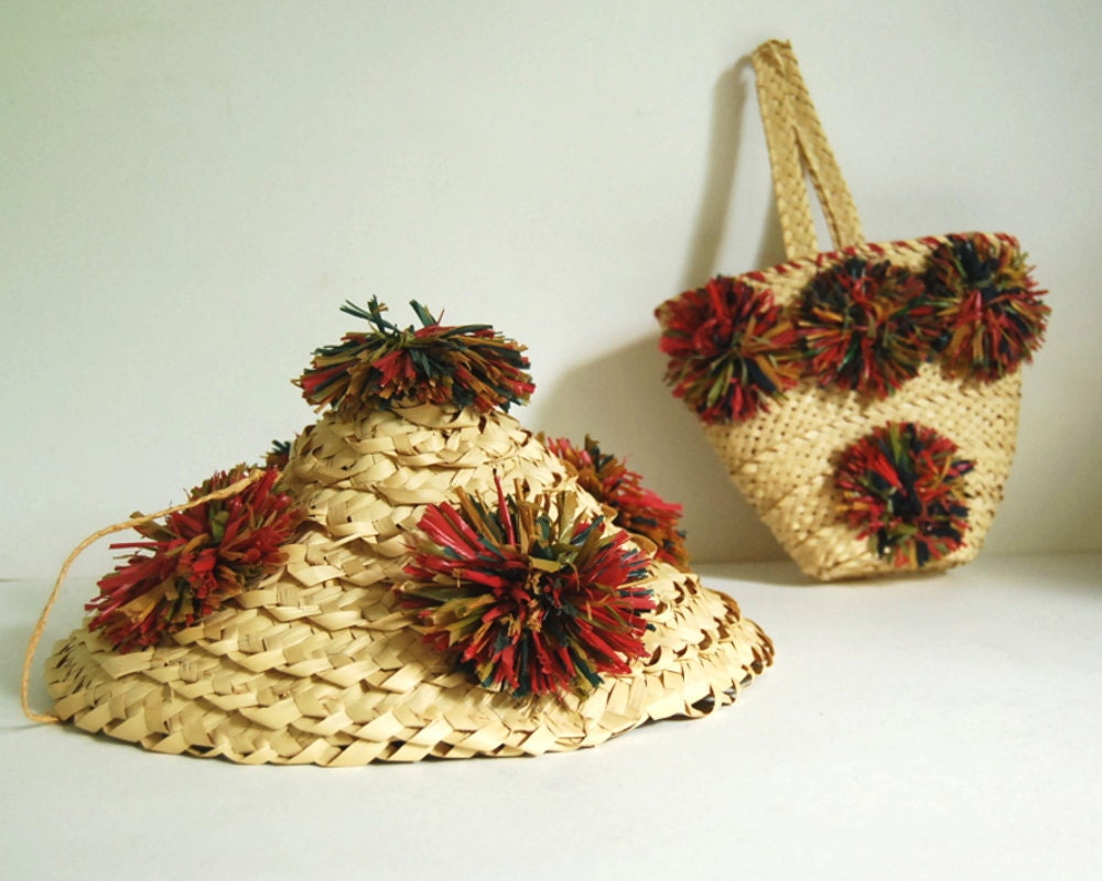 Vintage Hat Straw Hat and Purse Children's Coolie Conical Asian Hat and Purse with Raffia Pompoms