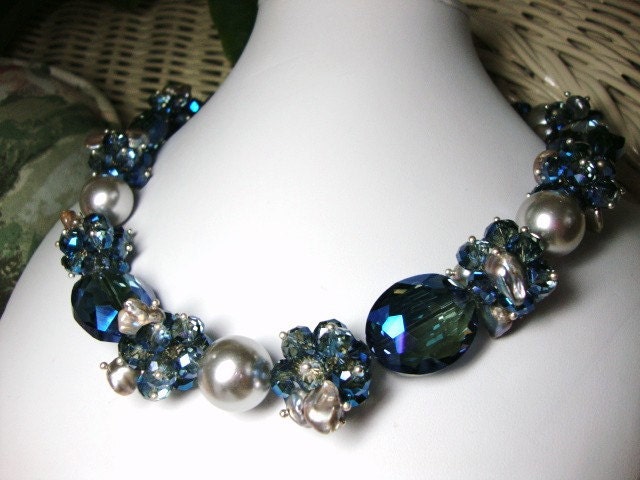 Annie Bold Silver Pearls Blue Crystals Necklace in Blue