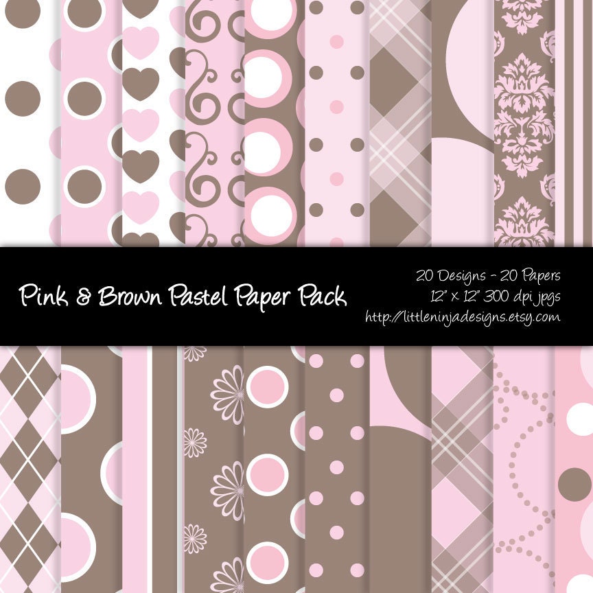 20 Digital Papers - Pink and Brown Pastel Digital Paper Pack - 300 DPI JPGs - 12 x 12 inches - Personal and Commercial Usage