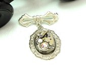 Sweet Steampunk Pin Vintage Gruen 17 Jewels Watch Movement Bow Swarovski Designed by Mystic Pieces