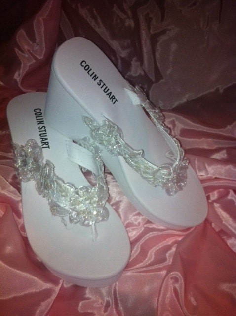 Chiffon Beaded Bridal Flip Flop White 3 inch Wedge