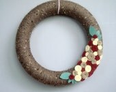 Fall Yarn Wreath, Harvest Taupe Brown Autumn Door Wreath with Cream, Brick and Tan Felt Flowers. 12 Inch.  Heartfelt Yarn Wreaths