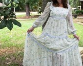 1960s VINTAGE flower child CREAM and blue billowy puff sleeved SUMMER dress