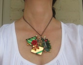 Christmas Vintage Brooch Holiday Charm Necklace Collage Upcycled OOAK "Santa Claus Club"