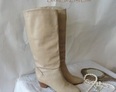 Leather Stovepipe Boots 8 M Eur 38.5 5.5 Knee Flats Boho Brazil 1980s Sand