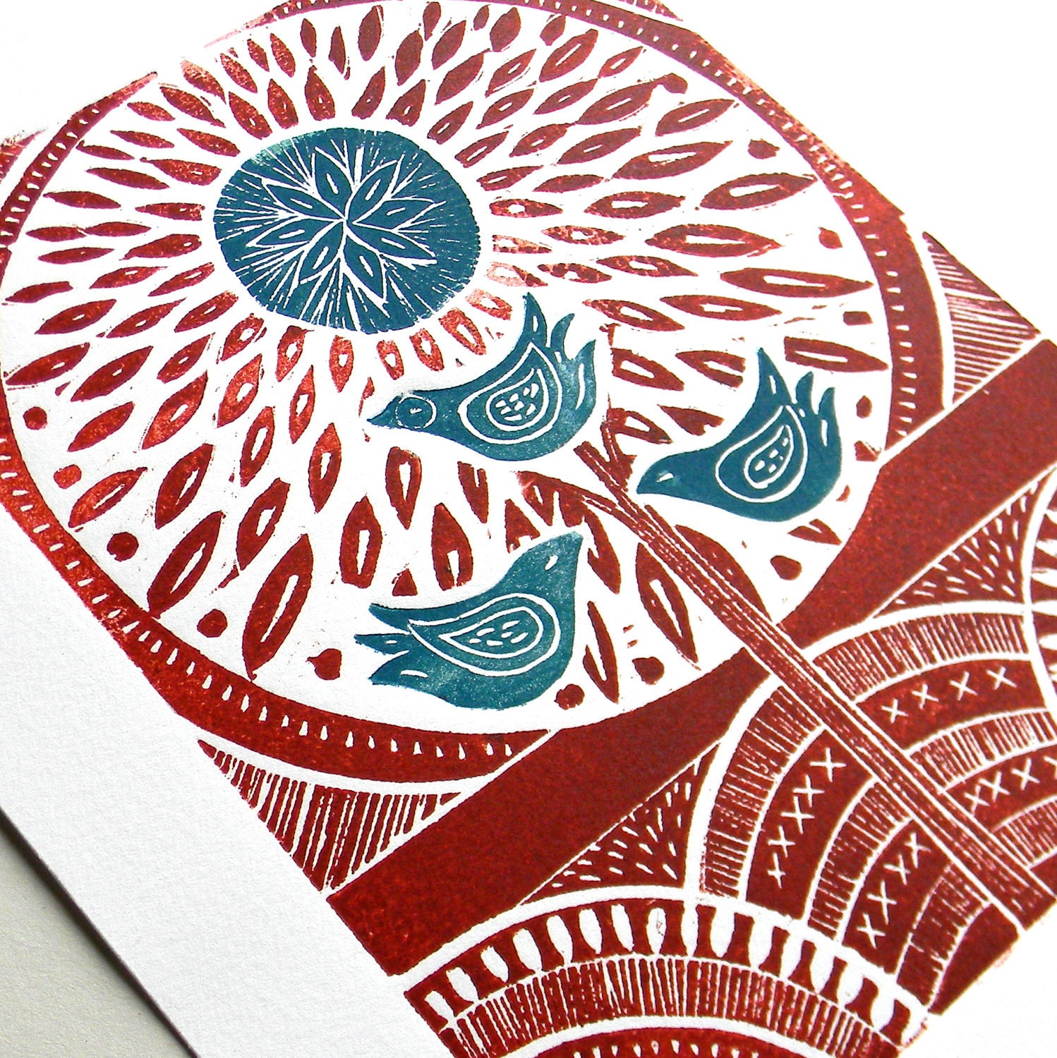 Three Birds Lino Print-Red and Teal blue