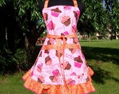 Cupcake Apron, Full Apron with Pink Cupcakes and Orange Flounce - RESERVED for SHVETA