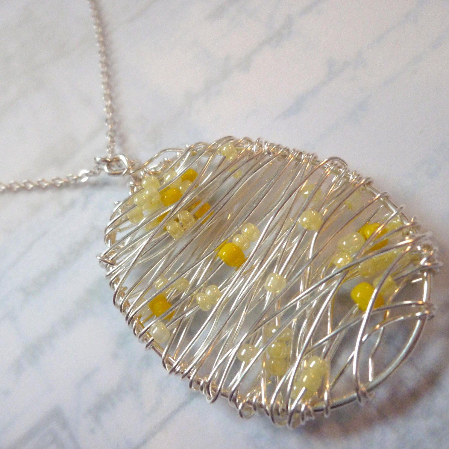 Silver Wire Pendant "Yellow" Necklace with Yellow Beads and Wrapped Wire on a Fine silver Plated Chain
