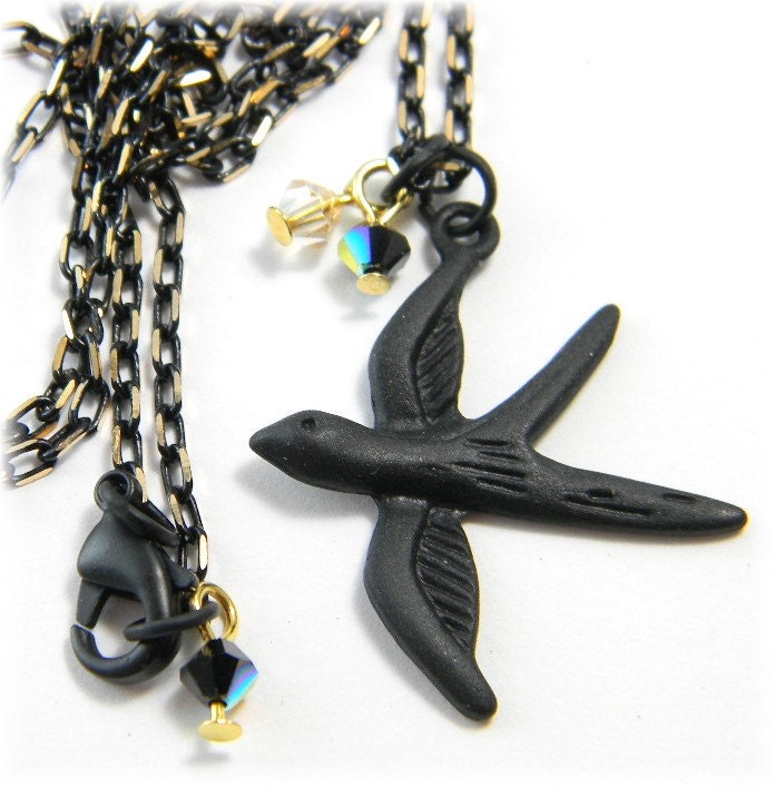 Black Bird Necklace with Swarovski Crystal Black and Gold Diamond Cut Chain