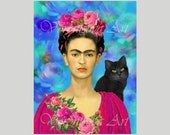 FRIDA KAHLO and Black CAT Original Digital Collage Sheet. Mexican Art. Large image. Personal & Commercial Use Mexico, gift tags 077