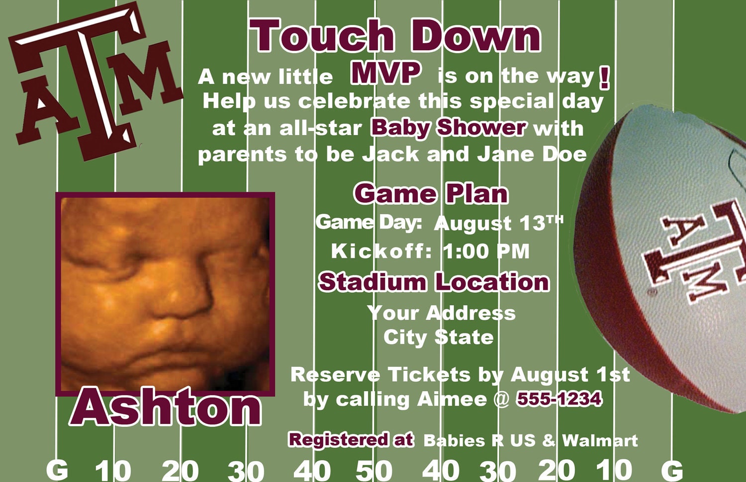 Custom A&M Aggie Football Baby Shower Invite